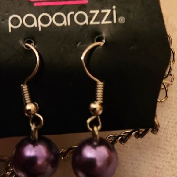 Purple Beaded Necklace Earring Set Silver tone Chain womens jewelry faux pearl - Picture 2 of 4